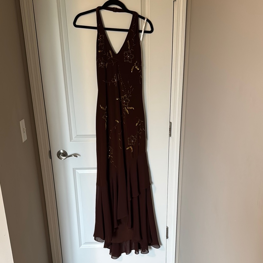Floor Length Brown Halter Gold beaded dress